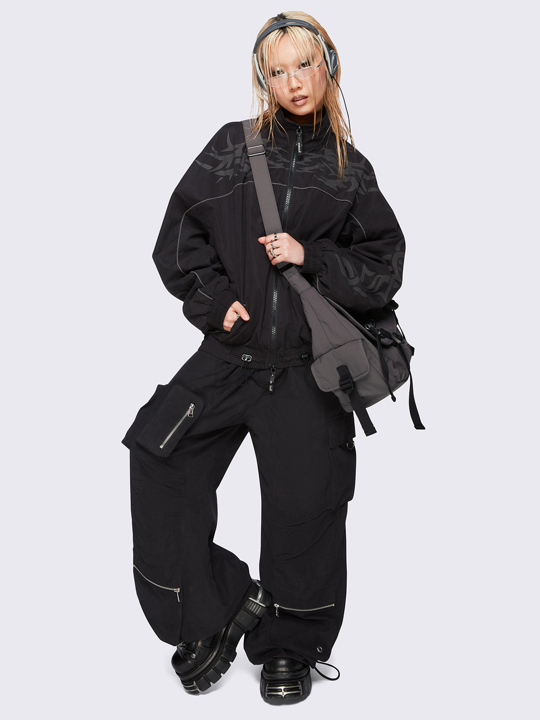 Black Windbreaker Jacket with Tribal Sigilism Print | Minga London