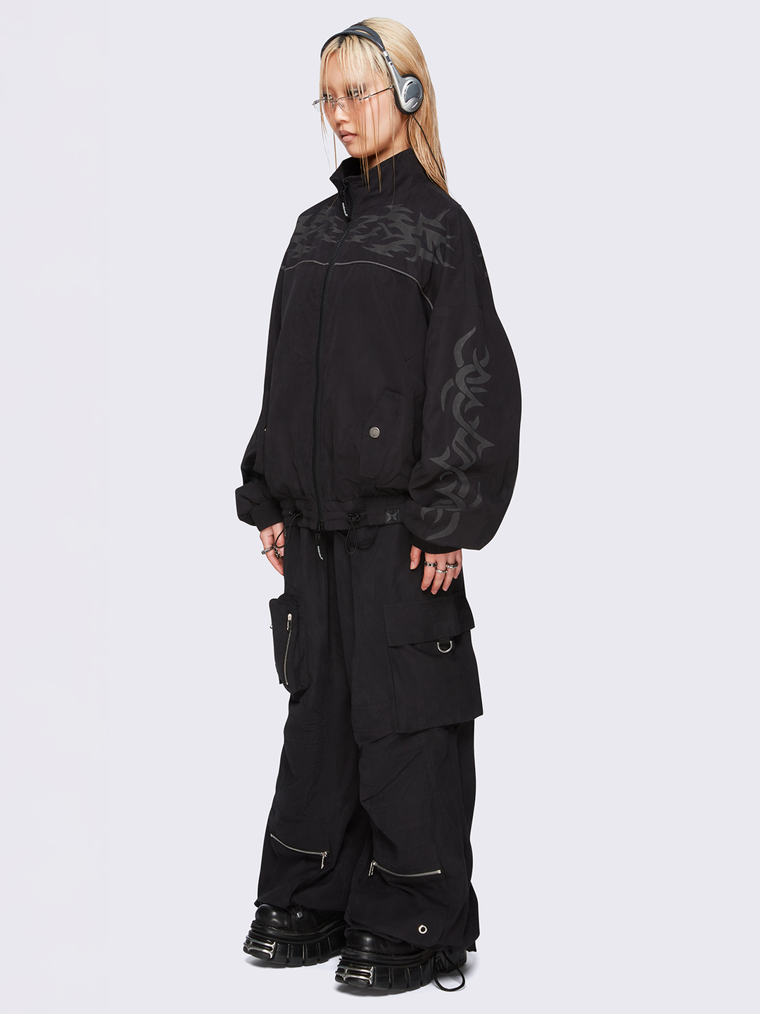 Black Windbreaker Jacket with Tribal Sigilism Print | Minga