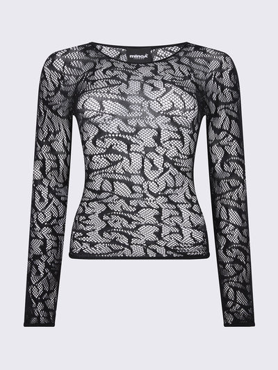 Fishnet top in black with all over sigilism graphic design.