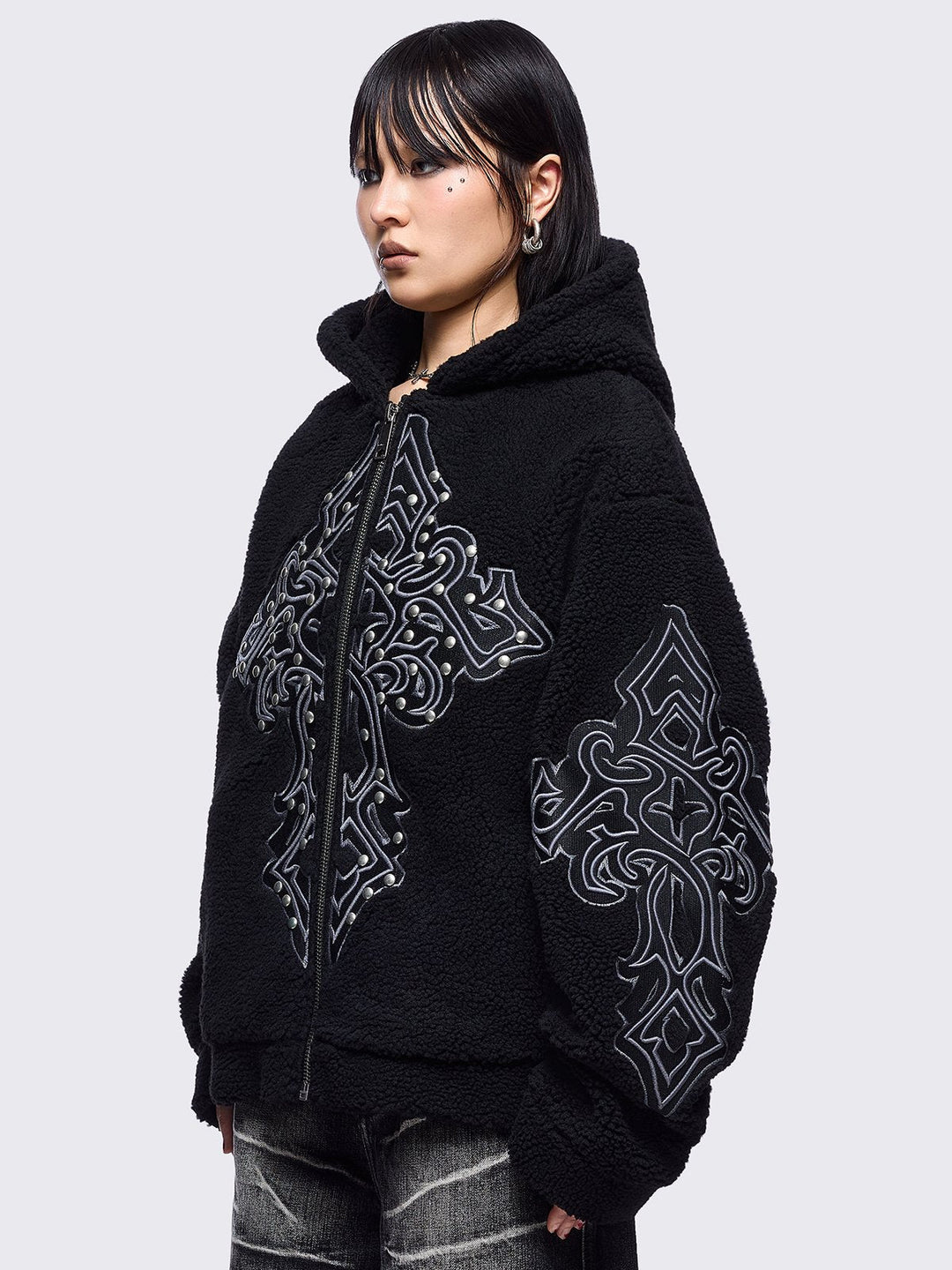 Black Borg Fleece Jacket with Patch Crosses | Minga London – Minga