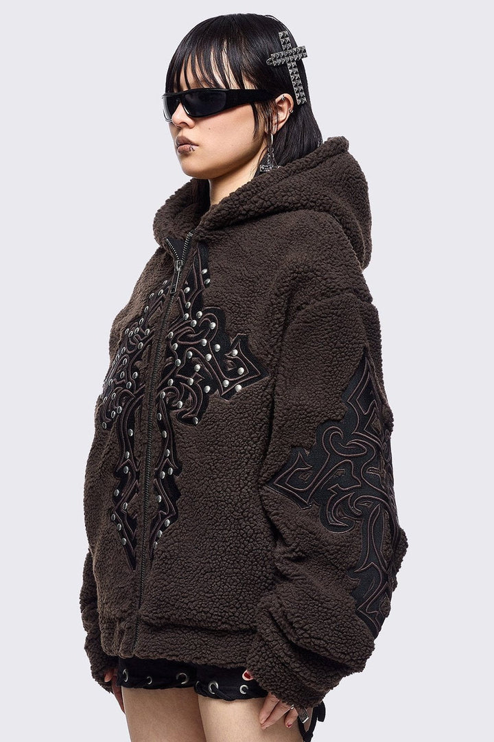 Brown Borg Fleece Jacket with Patch Crosses | Minga London – Minga