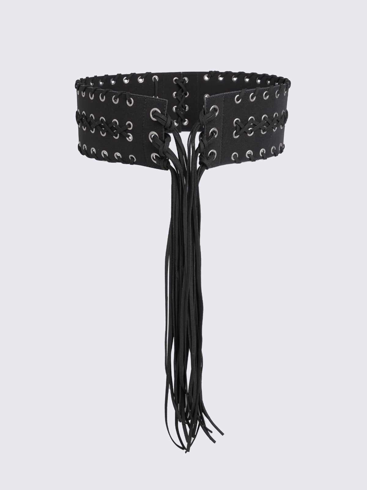 Black faux leather wide belt with silver eyelet, lace-up details and long tassel fringe