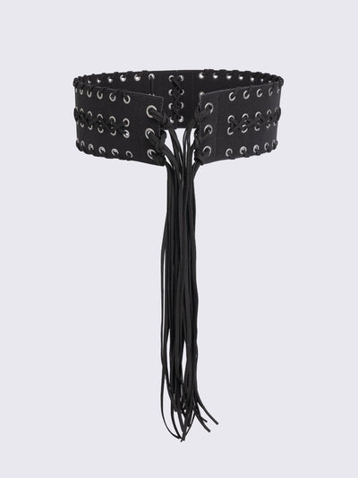 Black faux leather wide belt with silver eyelet, lace-up details and long tassel fringe