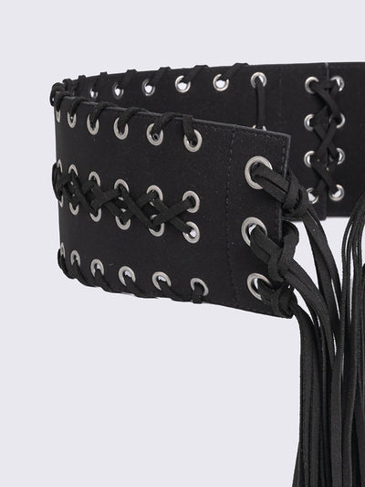 Black faux leather wide belt with silver eyelet, lace-up details and long tassel fringe