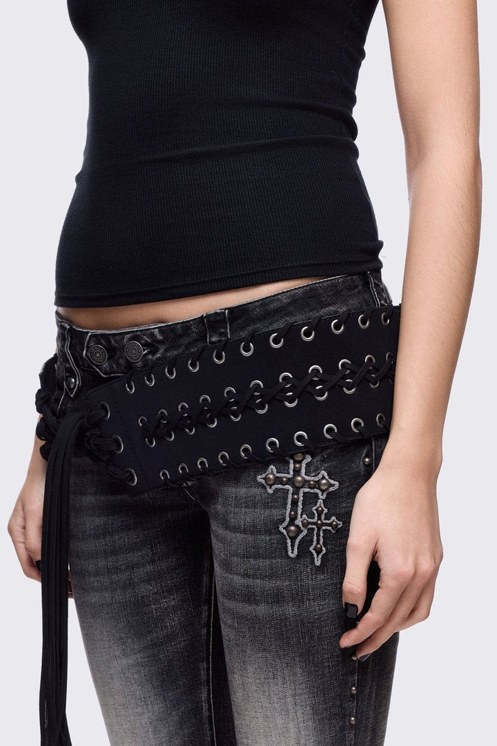 Wide Lace-Up Tassel Waist Belt - Black Black Suede Wrap Belt With Tassels | JUAN-JO | Wolf & Badger main image 4