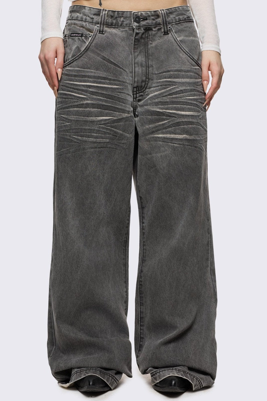 Grey washed baggy jeans with inverted cross back