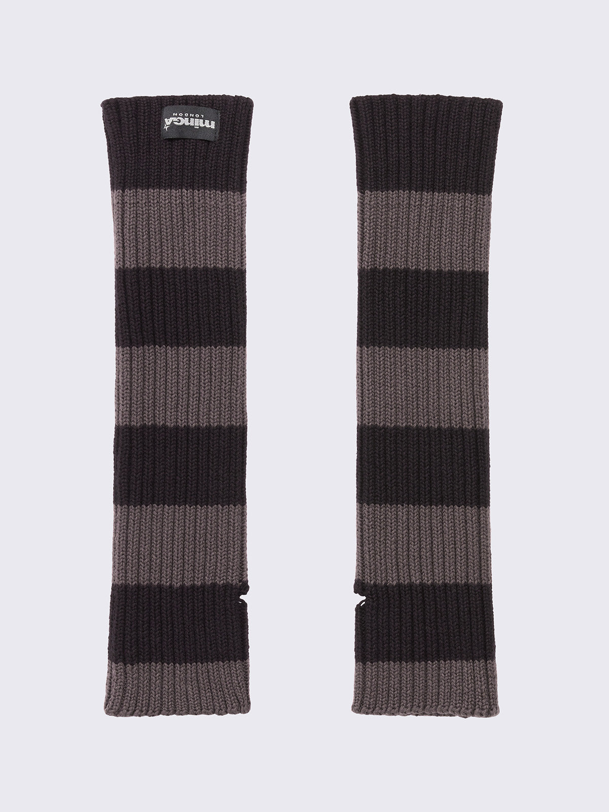 Chunky knitted arm warmers in grey and black stripes with thumbhole cuffs