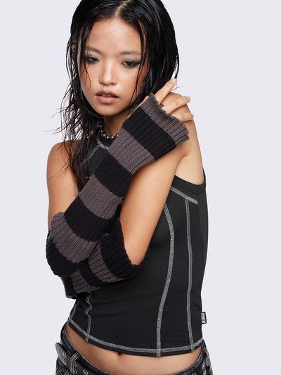 Chunky knitted arm warmers in grey and black stripes with thumbhole cuffs