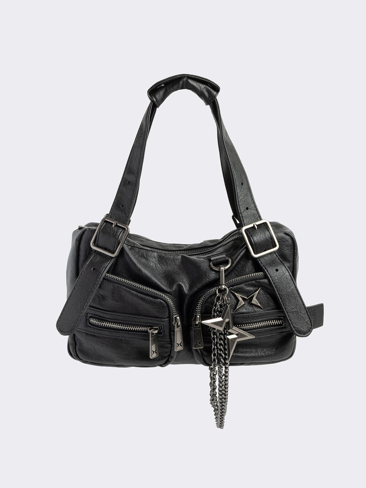Black faux leather shoulder bag with removable chain