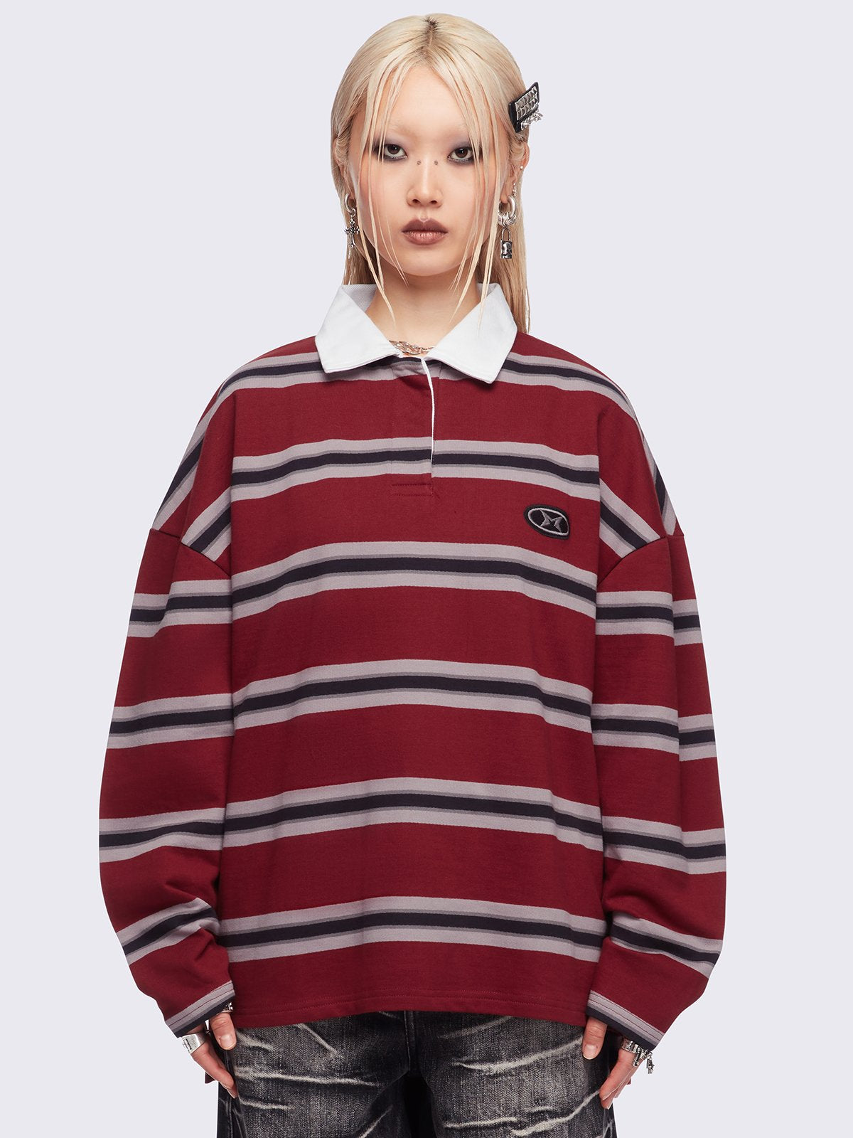 Striped oversized rugby polo in burgundy