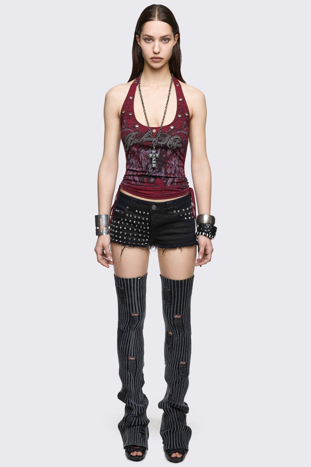 Black Denim Micro Shorts With Silver Spikes | Minga London