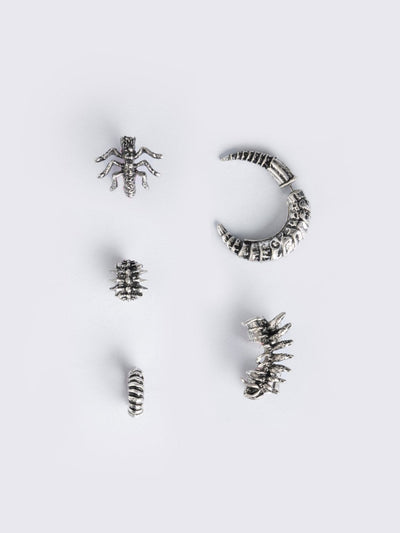 Silver 5 pc chunky earring set with centipede and spine designs. Chunky ear cuffs style.