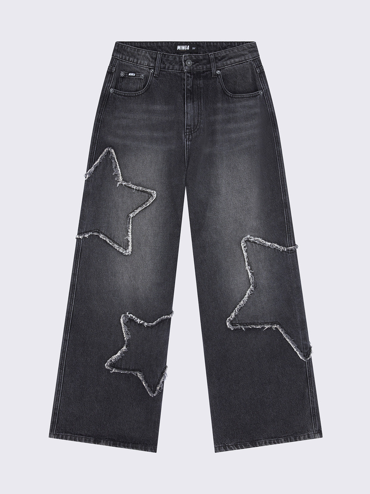 Baggy jeans in washed black with frayed star patches and wide leg fit. 