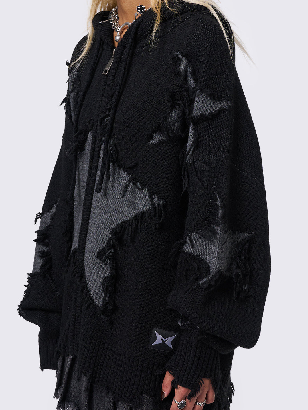 Black Knitted Zip Up Hoodie with Distressed Stars | Minga London