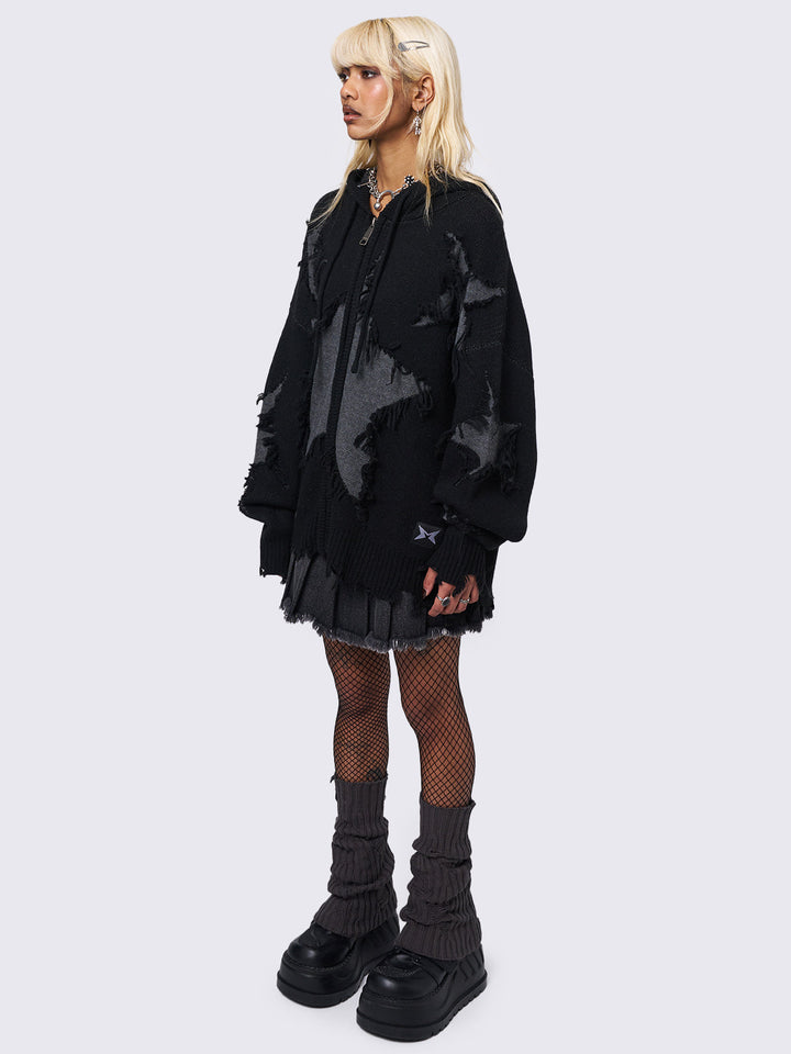 Black Knitted Zip Up Hoodie with Distressed Stars | Minga