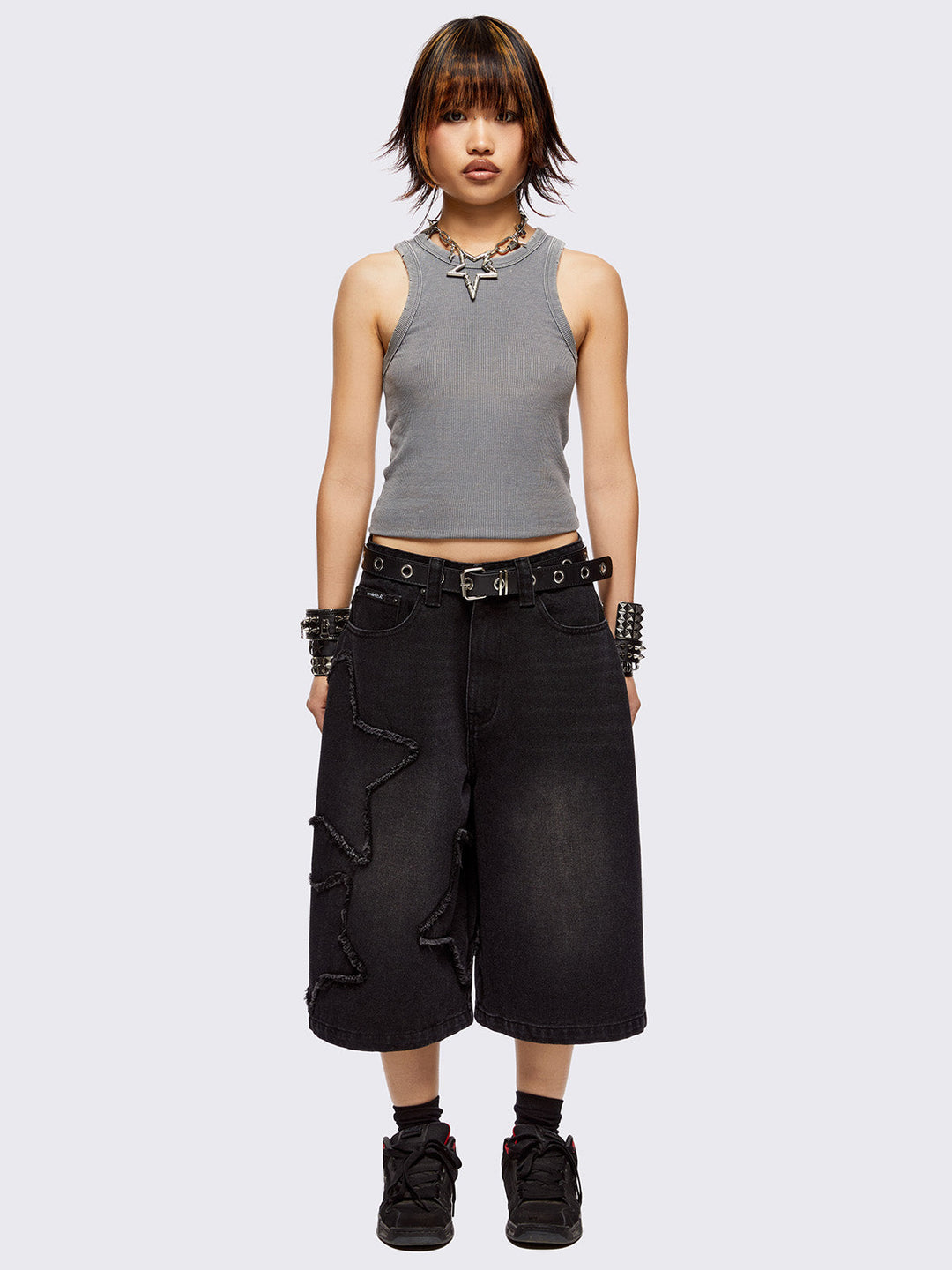 Black Denim Long Jorts with Stars Patch - Y2k Clothing