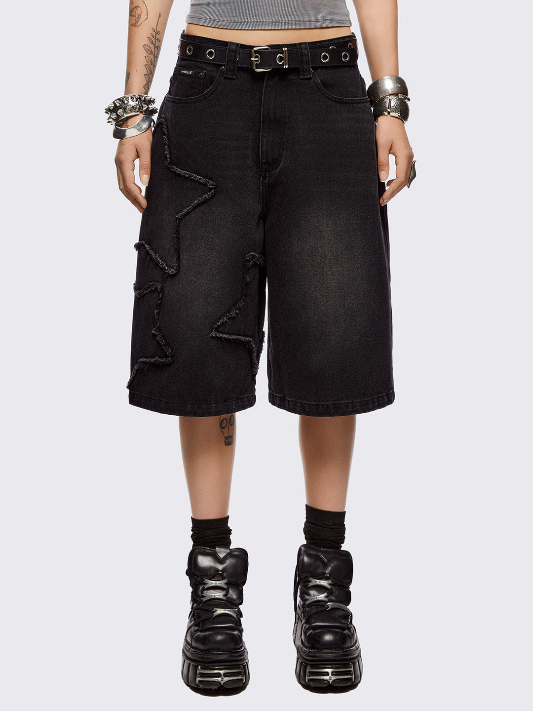 Black Denim Long Jorts with Stars Patch - Y2k Clothing