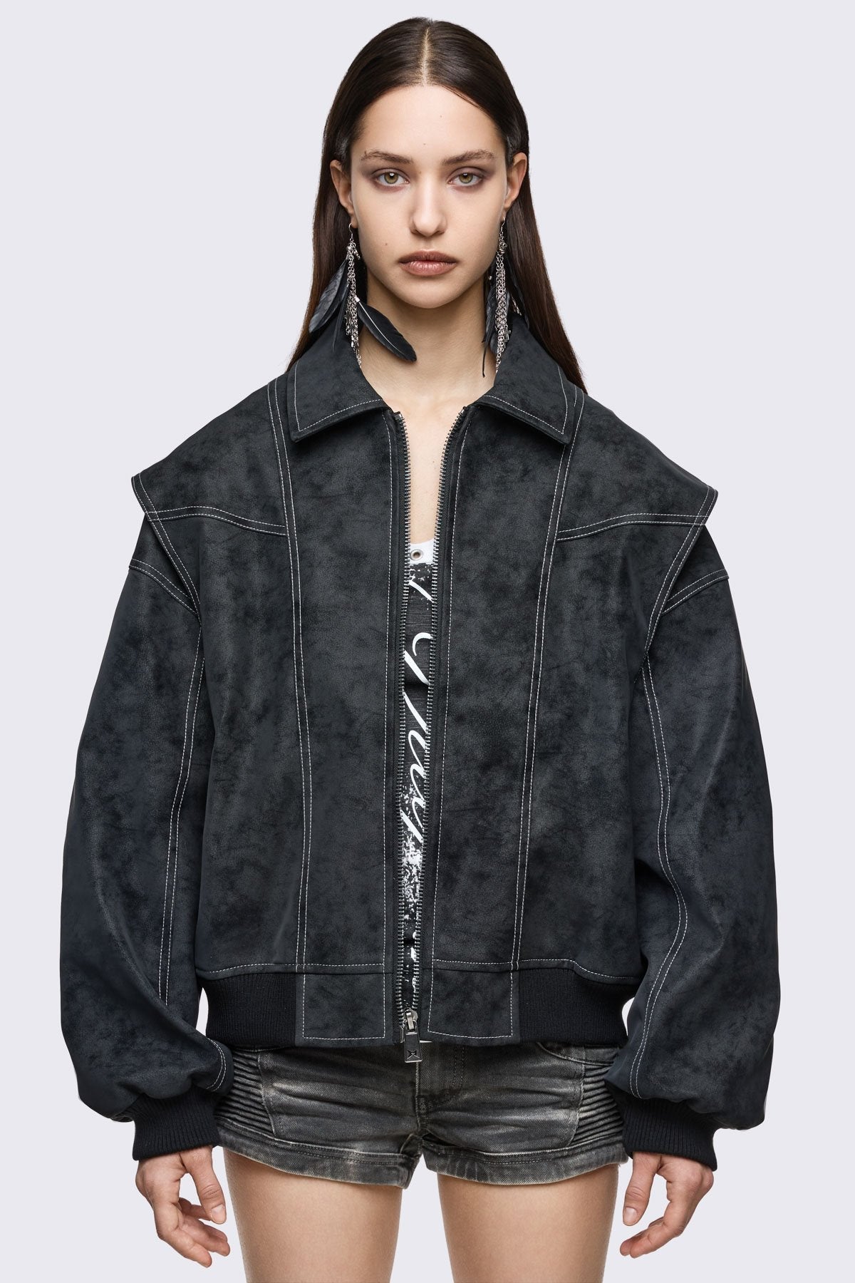 Black Faux Leather Bomber Jacket | Minga London