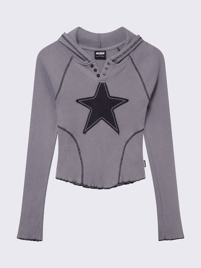 Hooded top in grey, with front star patch in black, contrast stitching in black and half button placket