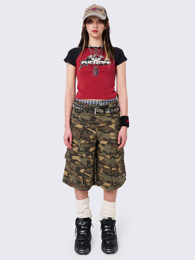 Camo Multi Pocket Long Cargo Shorts