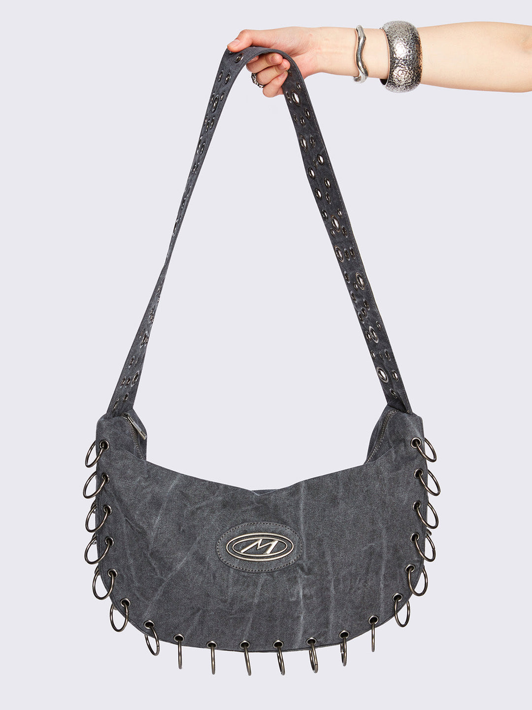 Grey Washed Crossbody Bag with Eyelet Strap and Ring Details