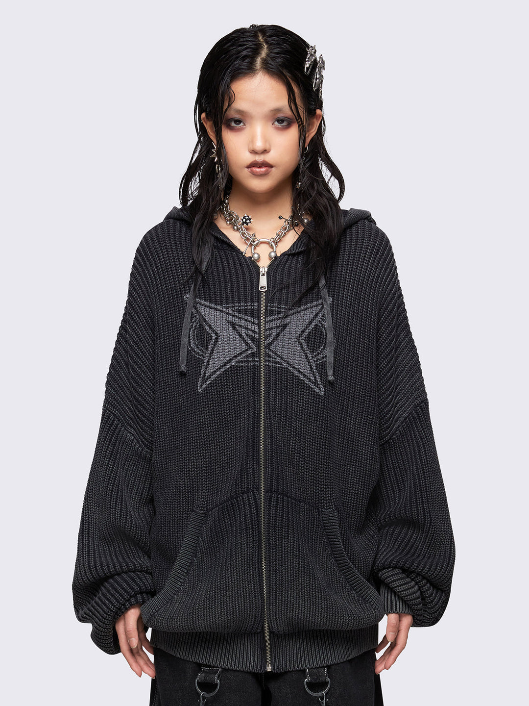 Black Washed Knit Zip Up Hoodie Cardigan | Minga London – Minga