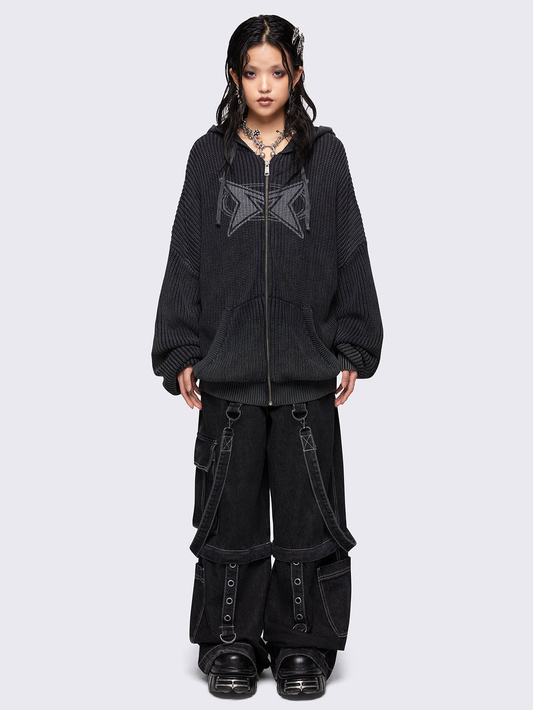 Black Washed Knit Zip Up Hoodie Cardigan | Minga London – Minga