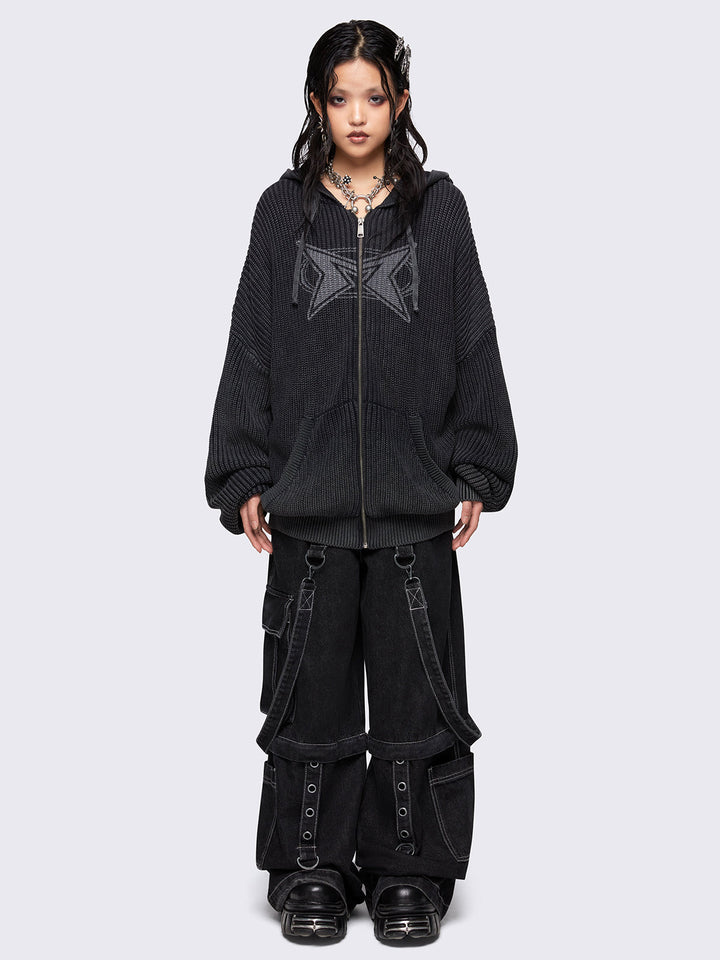 Monna② Black Washed Knit Zip Up Hoodie Cardigan | Minga London