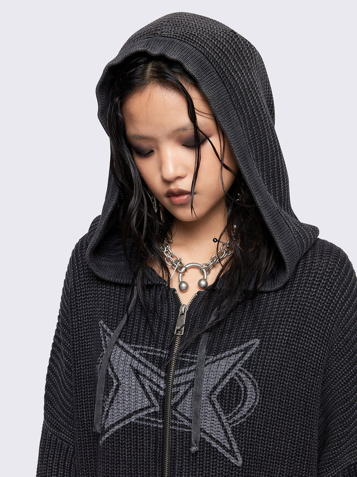 Black Washed Knit Zip Up Hoodie Cardigan | Minga London