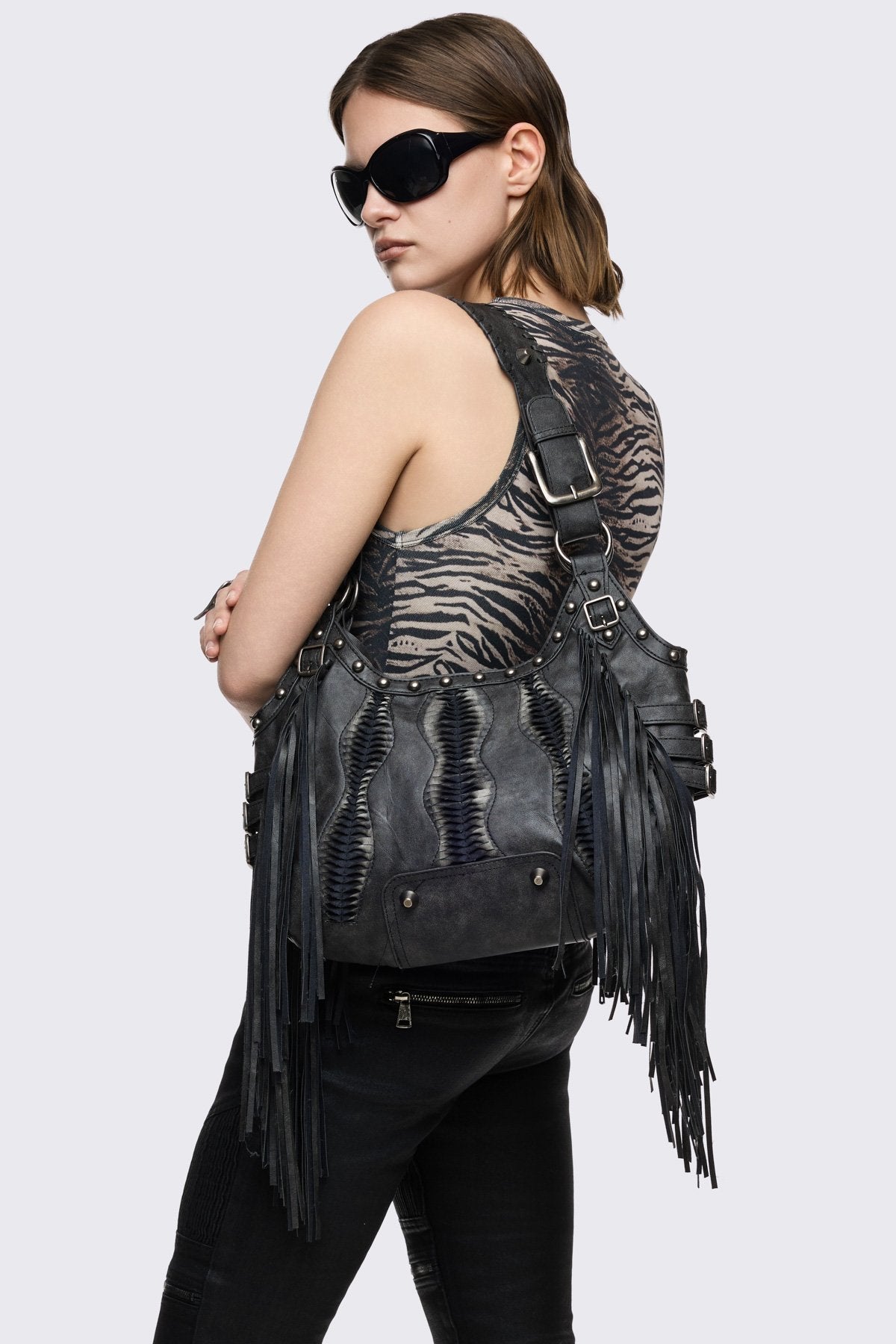 BANGKING 　ミンミン Black Faux Leather Fringe Shoulder Bag | Minga London