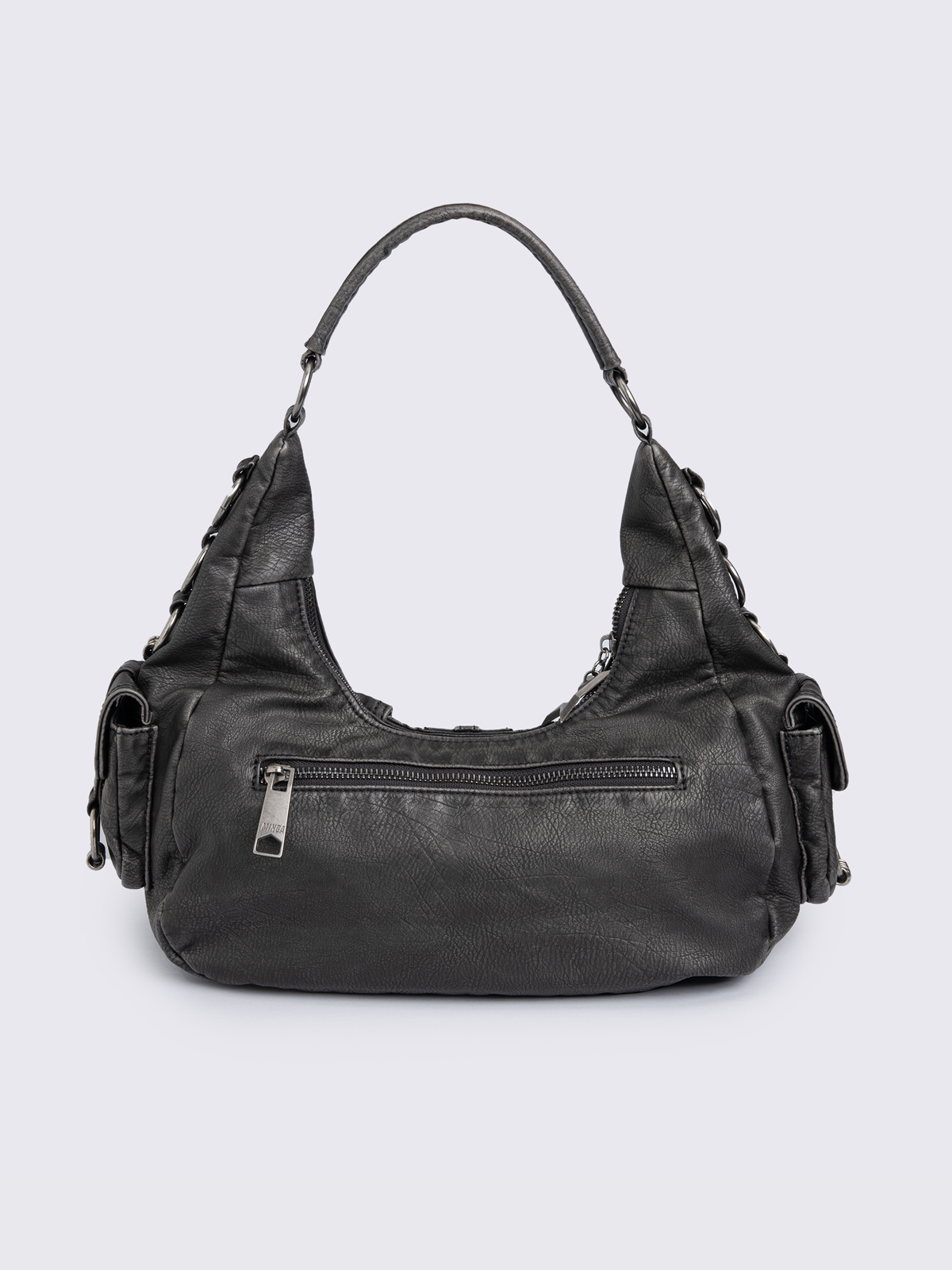 Black washed faux leather shoulder bag with silver star clasp, hardware details and multiple pockets.