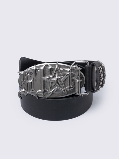 Black Vegan Leather Belt with Silver Star Buckle | Minga London