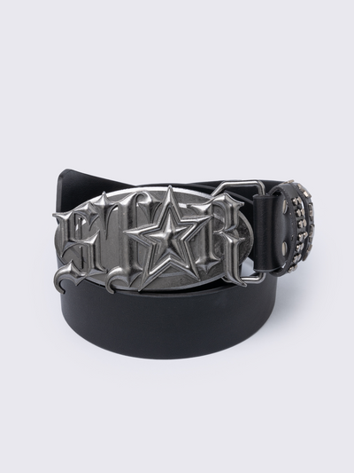 Black vegan leather belt with star metal oval buckle.