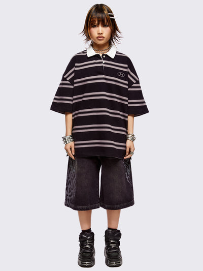 Black and grey striped rugby polo with white spread collar and a oversized fit.