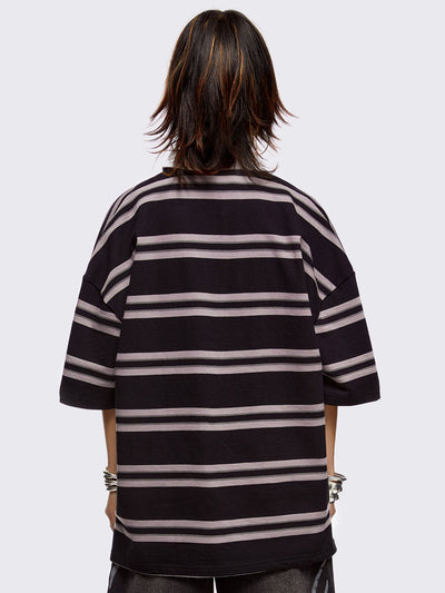 Black and grey striped rugby polo with white spread collar and a oversized fit.