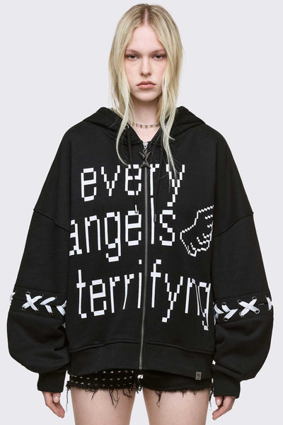 Black Graphic Zip Up Hoodie with White Lace-Up Bows | Minga London