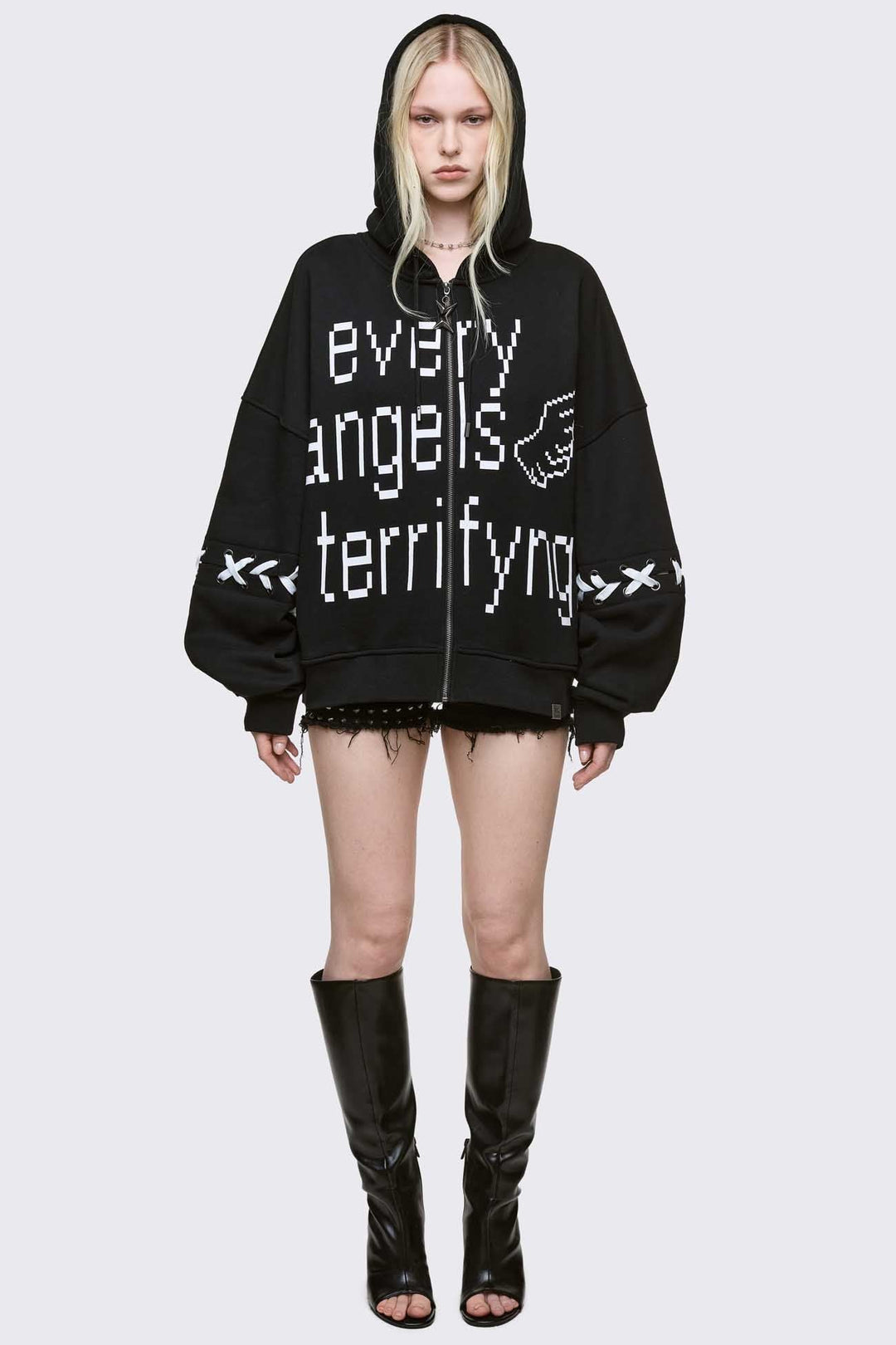 Black Graphic Zip Up Hoodie with White Lace-Up Bows | Minga London
