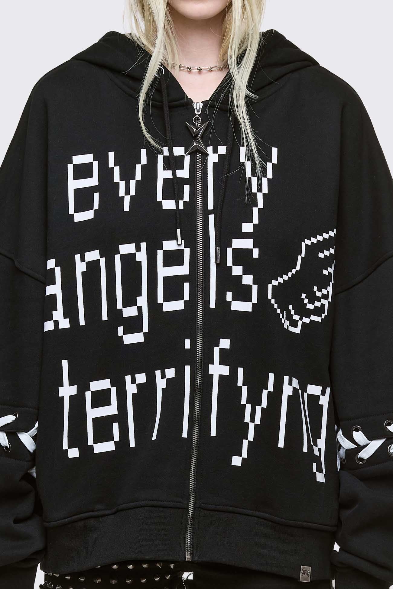 Black Graphic Zip Up Hoodie with White Lace-Up Bows | Minga London