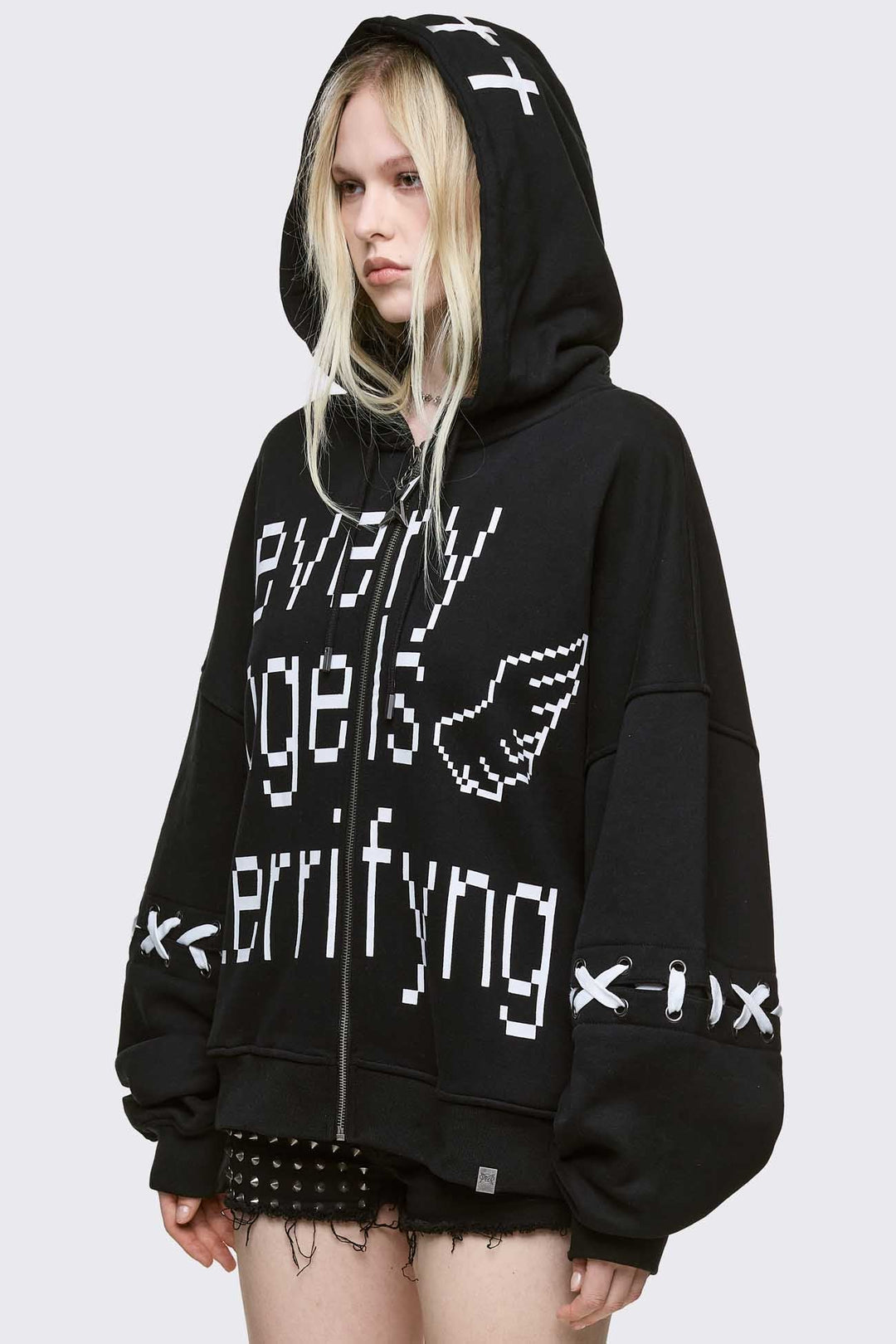 Black Graphic Zip Up Hoodie with White Lace-Up Bows | Minga London