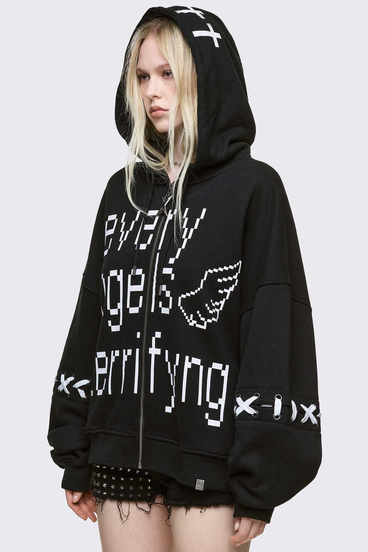 Black Graphic Zip Up Hoodie with White Lace-Up Bows | Minga London