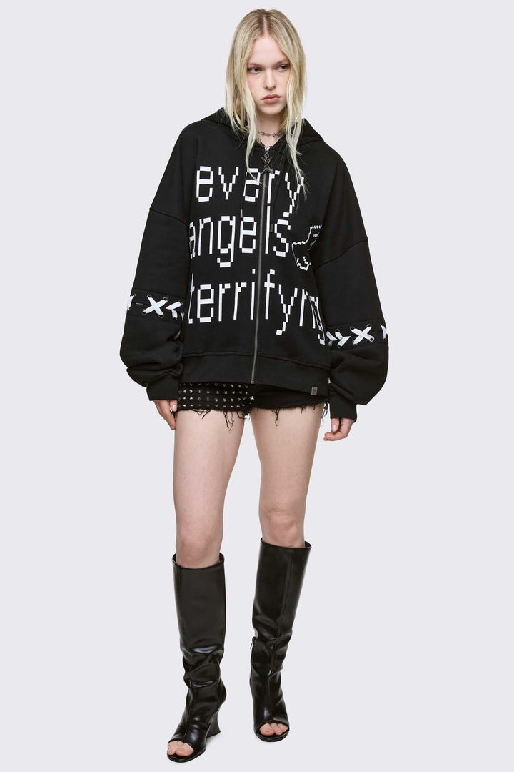 Black Graphic Zip Up Hoodie with White Lace-Up Bows | Minga London