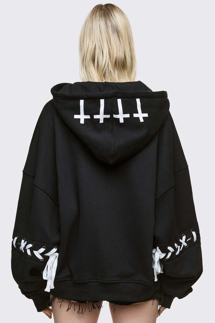 Black Graphic Zip Up Hoodie with White Lace-Up Bows | Minga London