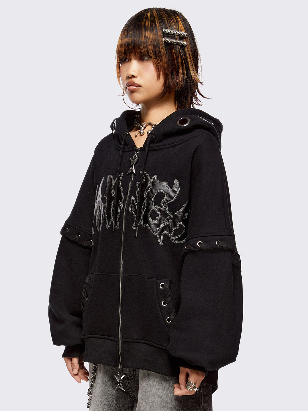 Black Oversized Zip Up Hoodie with Eyelets | Minga London