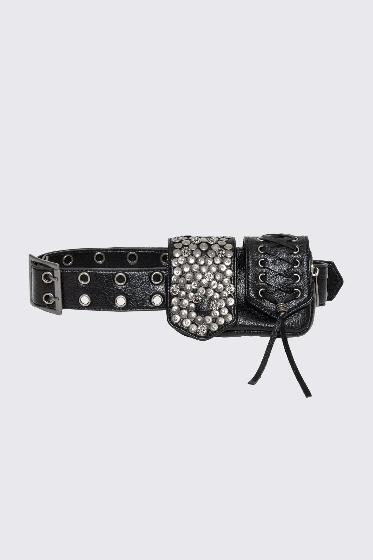 Black vegan leather utility belt with detachable studded pouches, lace-up detail and silver buckle in grunge style.