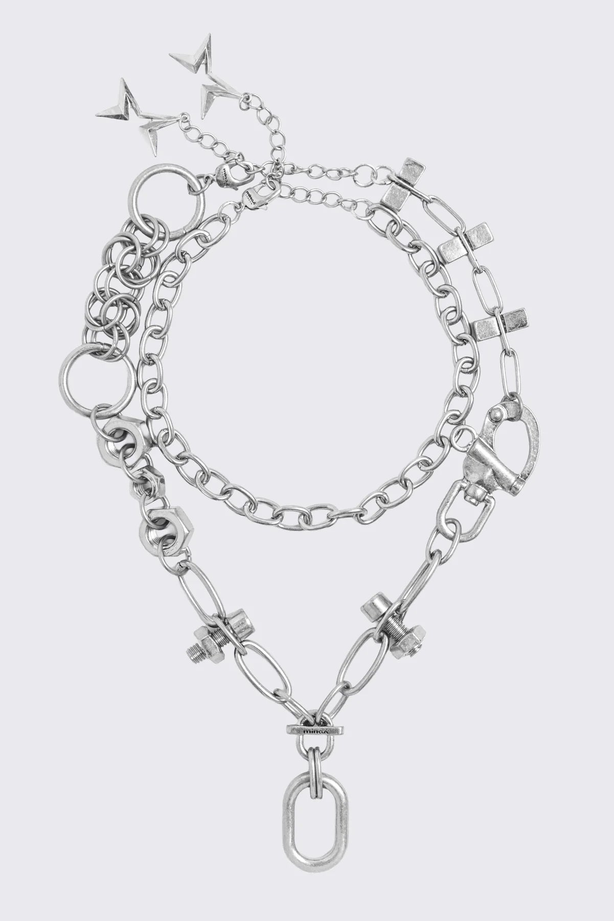 Set of 2 silver necklaces with nuts, bolts and more hardware details