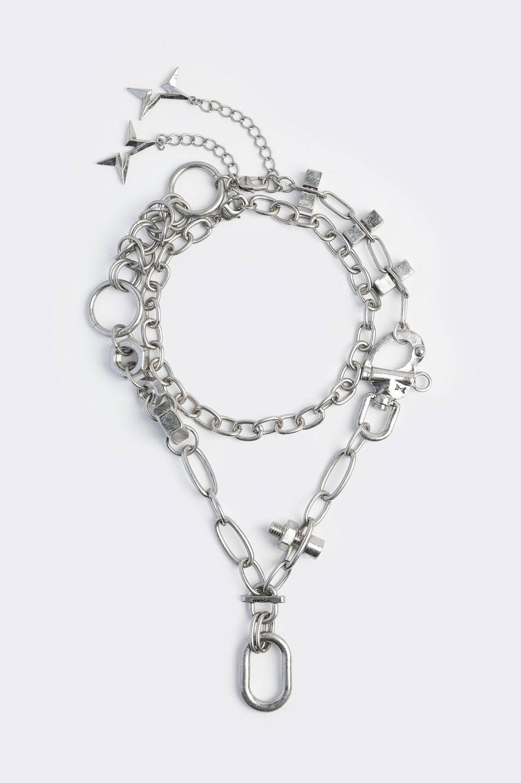 Set of 2 silver necklaces with nuts, bolts and more hardware details