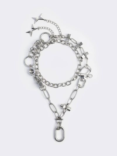 Set of 2 silver necklaces with nuts, bolts and more hardware details