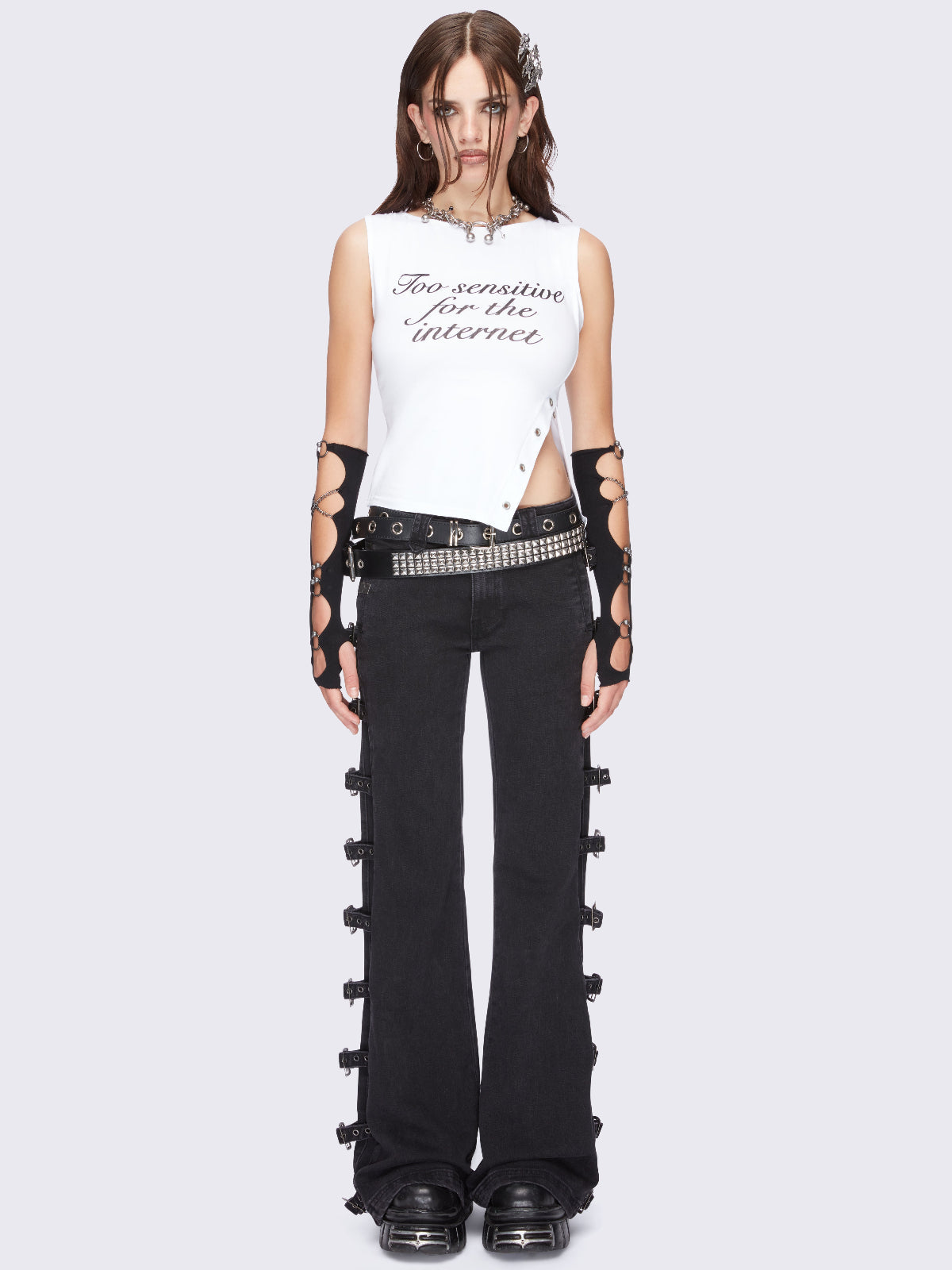 White slit neck top with side split and " too sensitive for the internet" graphic front print.