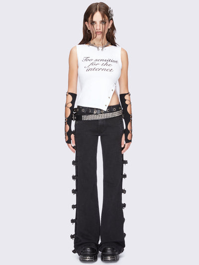 White slit neck top with side split and " too sensitive for the internet" graphic front print.