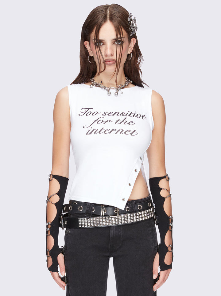 トップス MELT THE LADY bumpy smocking bare tops White Slit Neck Graphic Top with Side Split | Minga London